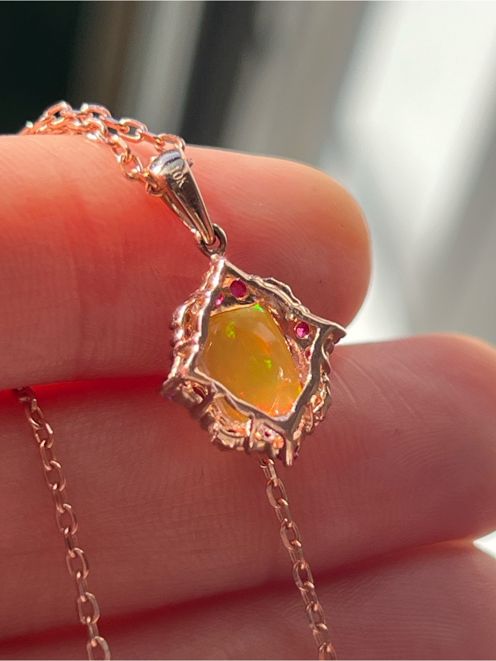 Rose Gold Opal Pendant Necklace with Rubies and Diamond’s in 10k - Picture 16 of 17